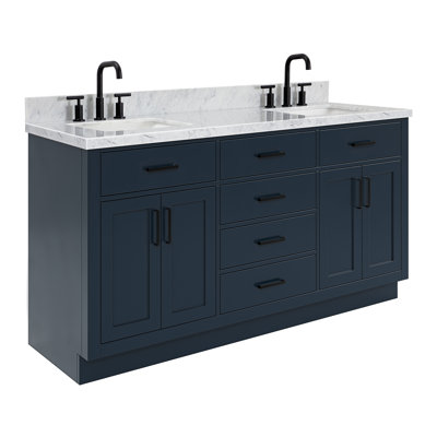 Meuble-lavabo double en bois massif de 66 po avec plateau en marbre de Carrare de 1,5 po Thornaby