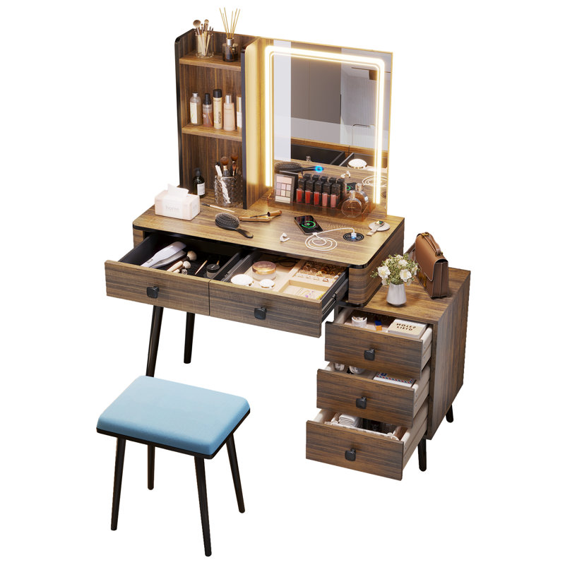 Makeup Vanity with Tri-Color Dimmable Light Mirror, Charge Station, 5-Drawer Sub-Cabinet, Soft Stool, Brown/Black/Blue Chair