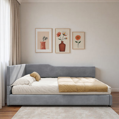 L-shaped Corduroy Daybed With Solid Frame And Striped Decoration