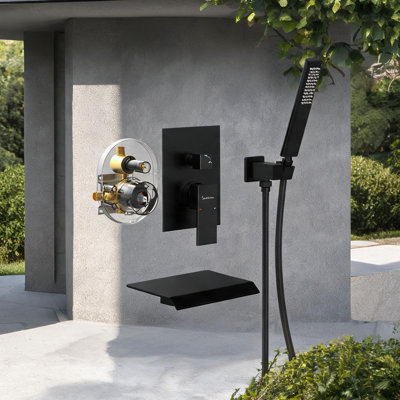 Deep Black Wall-Mounted Waterfall Tub Faucet with Hand Shower, Modern Metal Bathtub Faucet Set