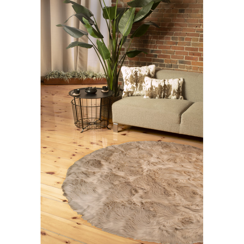 Oguz Taupe Faux Sheepskin Fur Area Rug, Round 6' x 7'