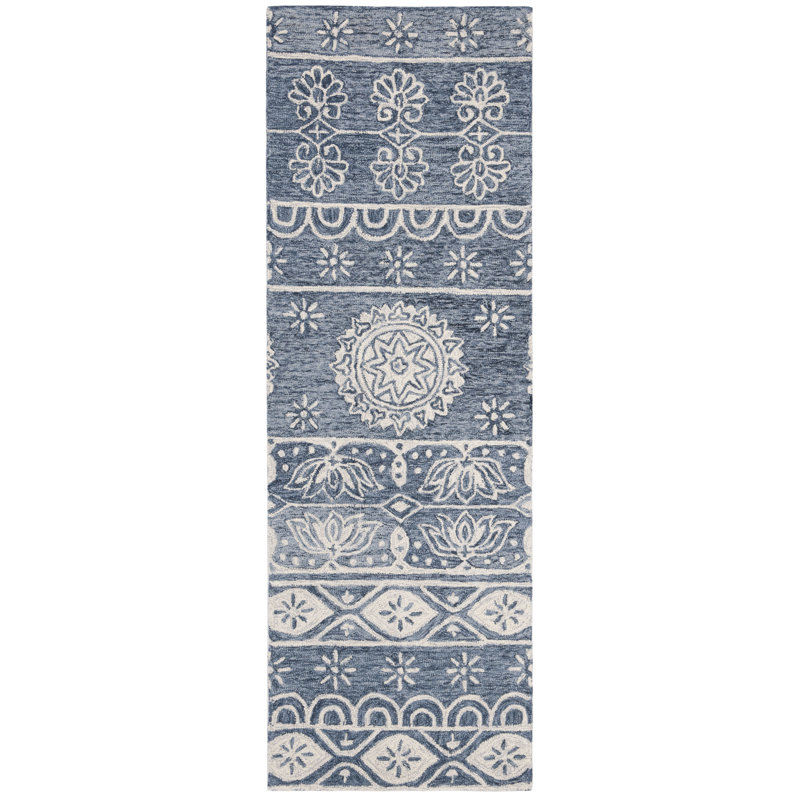 Leavens Hand Tufted Wool/Cotton Floral Rug in Blue/Ivory, Runner 2'3" x 7'