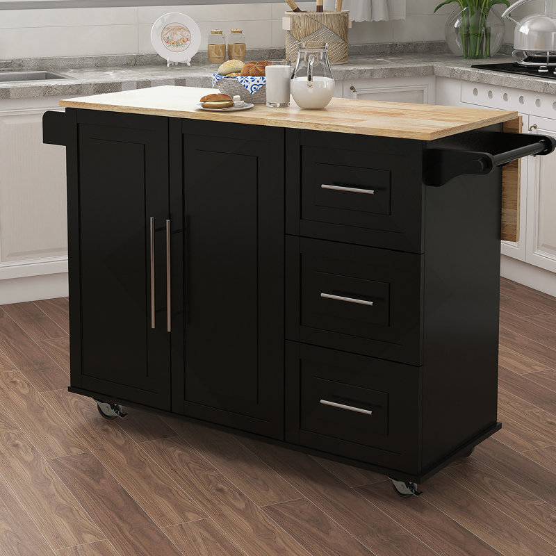 Îlot de cuisine avec porte-épices, porte-serviettes et table extensible en bois massif