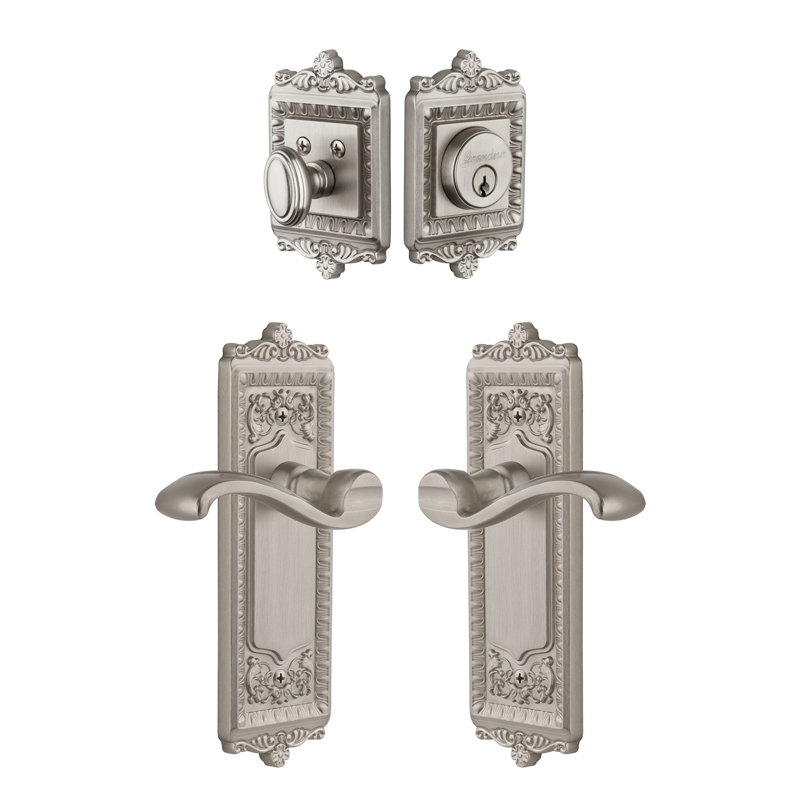 Ensemble d'entrée complet à plaque longue Windsor avec cylindre simple et levier, Nickel satiné