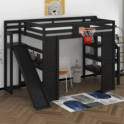 Lit mezzanine double en bois avec glissade et bureau intégré, structure de lit mezzanine double avec escalier de rangement et panier de basketball