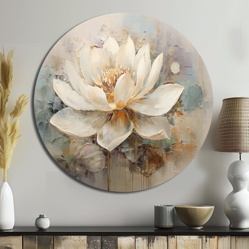 Antique Lotus Connection I - Art mural rond en métal à motif floral, H 36 po x l 36 po