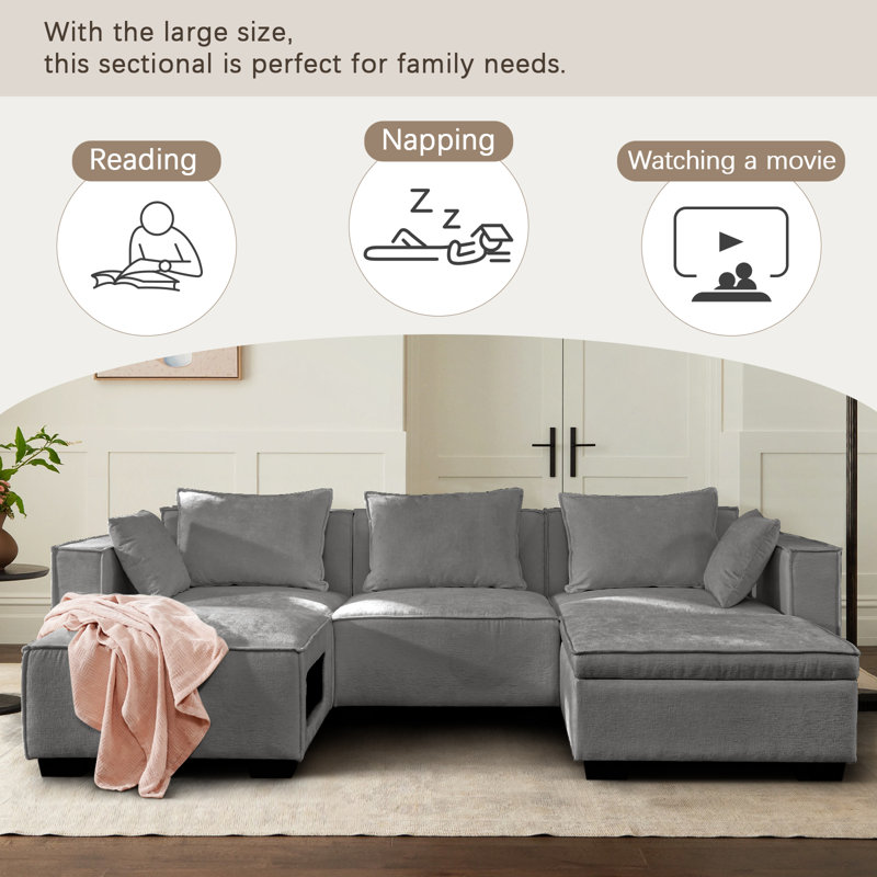 108.7" Modular Sectional Cloud Sofa Set, Extra Large U Shaped Couch with Storage & Cathole Ottoman, Gray