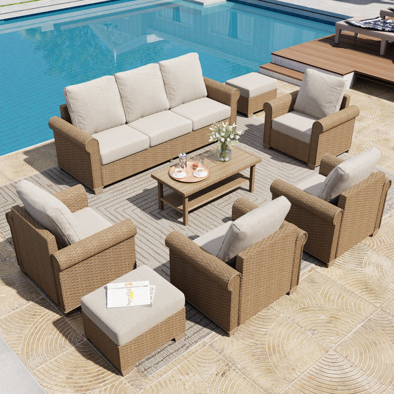 All-Weather Wicker 7 - Person Patio Conversation Sets with Firepit , Beige, Yes