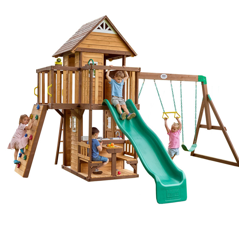 Backyard Discovery Spruce Hollow Spruce Wood Swing Set with Wave Slide, Clubhouse, Rock Wall, and Play Kitchen