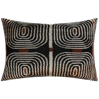 Coussin en velours de soie géométrique fait à la main moderne - 16 x 24, noir et crème avec duvet de plumes