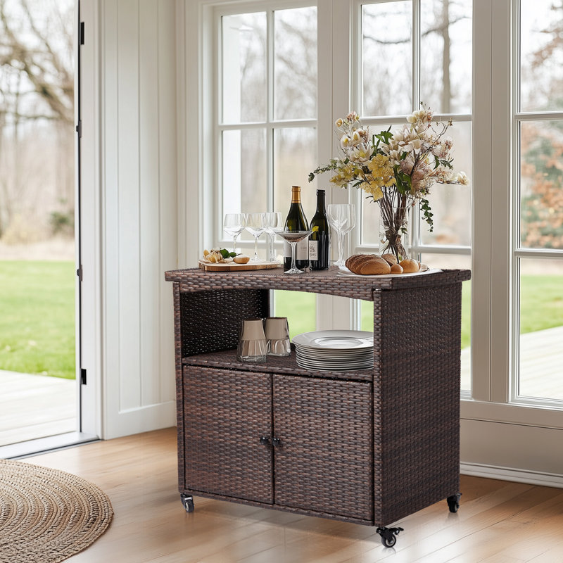 Brown Rattan Bar Table With Wheels