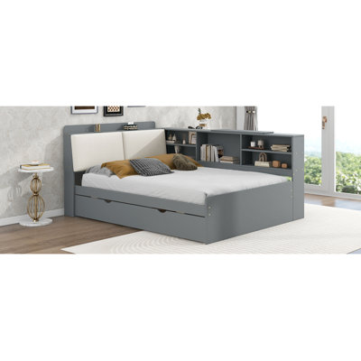 Wood Platform Bed With Trundle, Shelves And Storage Headboard