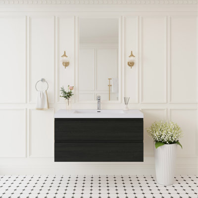 Meuble-lavabo mural de 42 po avec lavabo, meuble de rangement mural avec lavabo à surface solide et tiroirs à fermeture en douceur entièrement assemblés, bois espresso