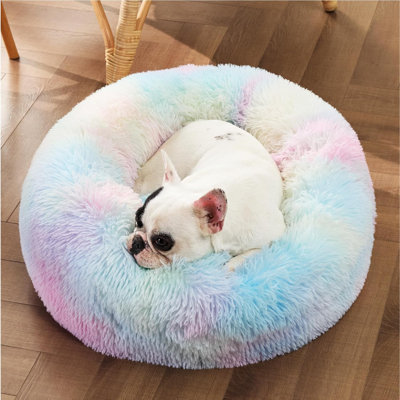 Lit pour chien apaisant pour petits chiens - Petit lit pour animal de compagnie lavable en beignet, grand lit pour chat rond en fausse fourrure moelleuse et moelleuse, s'adapte jusqu'à 25 livres d'animaux de compagnie, multicolore, 23 pouces