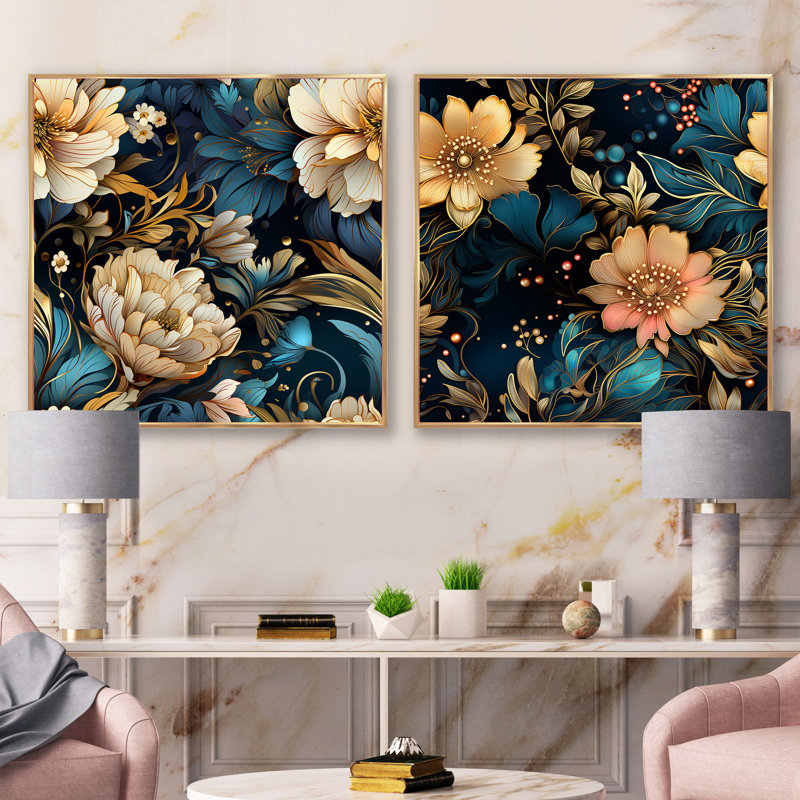 Celya - Ensemble de 2 collages carrés floraux, Cadre flottant doré, H 16 po x l 33 po