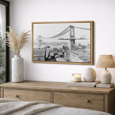 Construction de pont suspendu historique, paysage urbain, photo en noir et blanc, images de salon, impression sur toile encadrée sur toile.