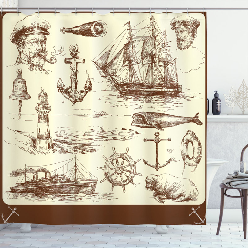 Ensemble de rideau de douche et crochets Marine, H 69 po x l 105 po, Brun