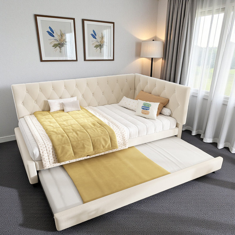 Upholstered Daybed with Trundle, Beige