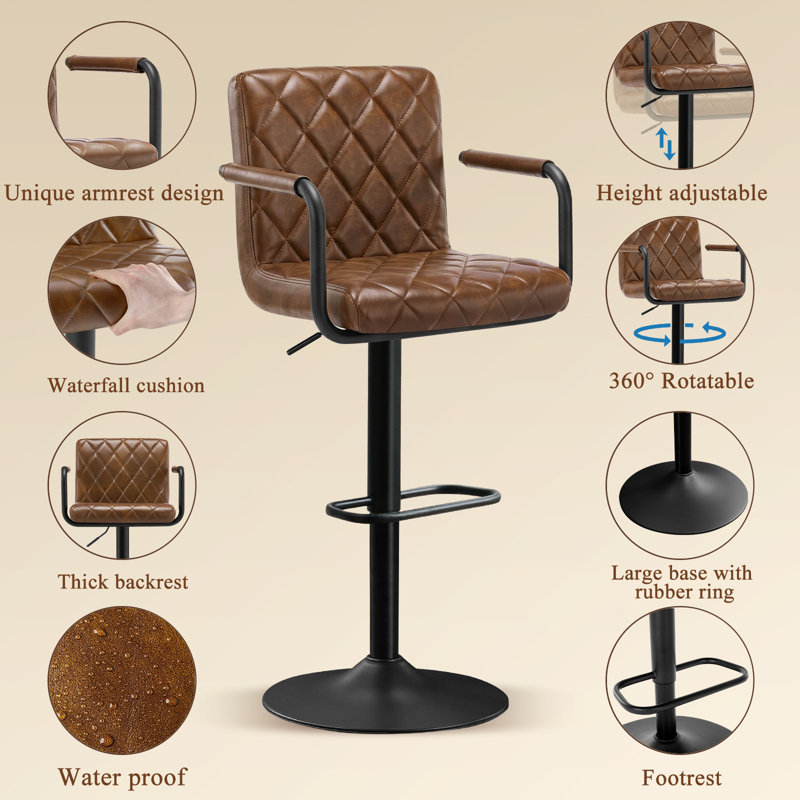  Mid-century Morden Diamond Design Upholstered Faux Leather Swivel Bar Stool with Footrest and Armrest, Black