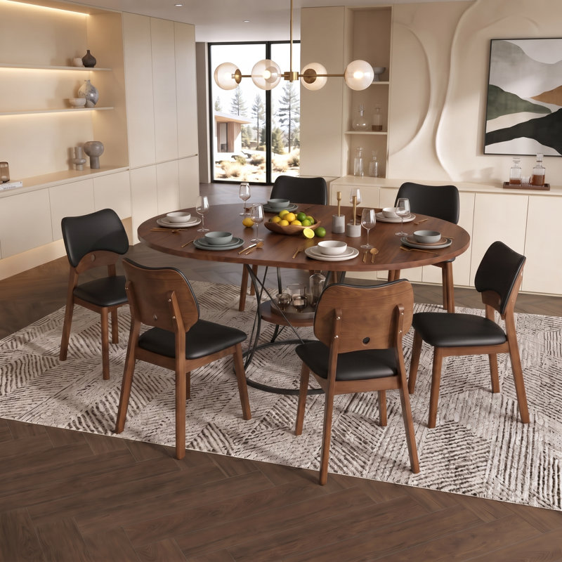 Ensemble de table à manger ronde extensible et chaises rembourrées, peu encombrant, 7 pièces : table, 6 chaises, Noir
