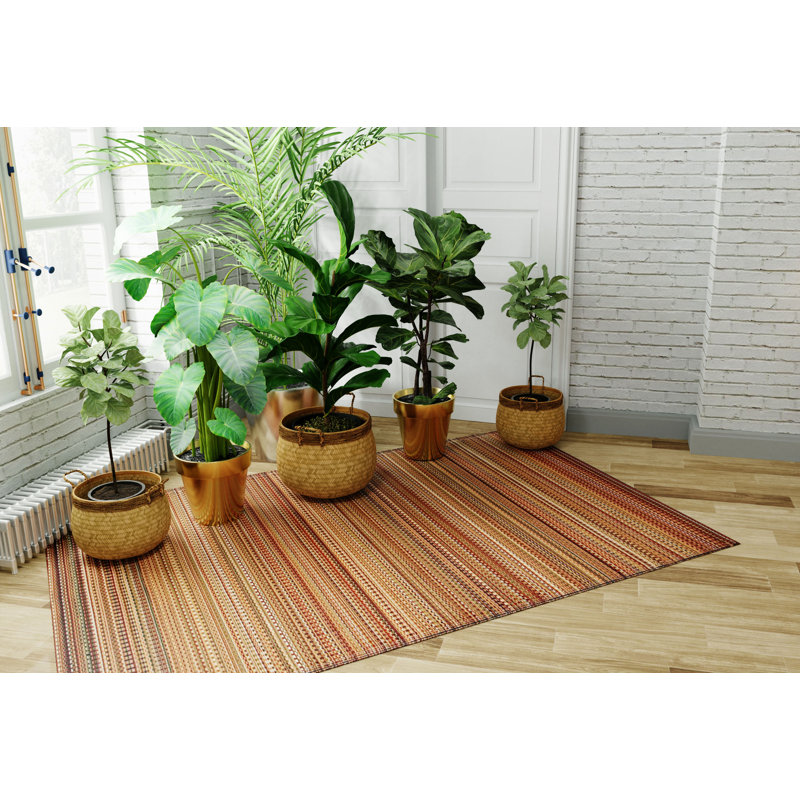 Striped Mixed Earth Tone Indoor/Outdoor Area Rug - Reversible, UV Resistant, 100% Recycled Material, Rectangle 4' x 6'