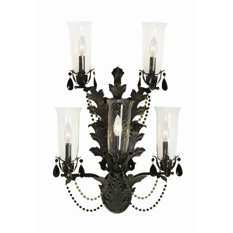 French Baroque 5 - Light Candle Wall Light, Blackwash, Clear Glass Hurricane
