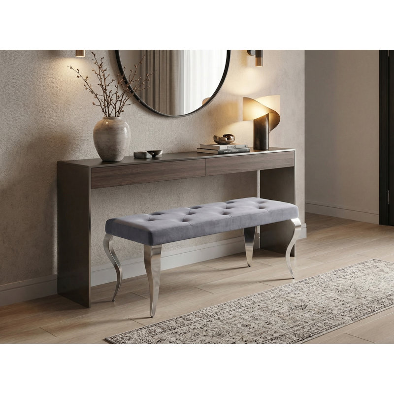 Banc rembourré en velours Genuta, Gris/argent