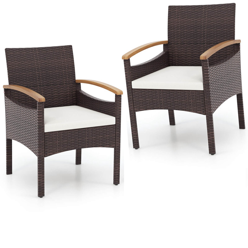  2 PCS Dining Chairs w/ Acacia Wood Armrest Heavy Duty Metal Frame Patio Mix Brown