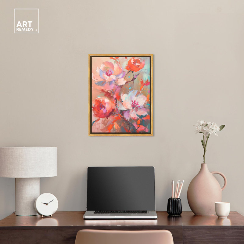 Romantic Peach and Pink Floral Canvas Print with Gold Frame
