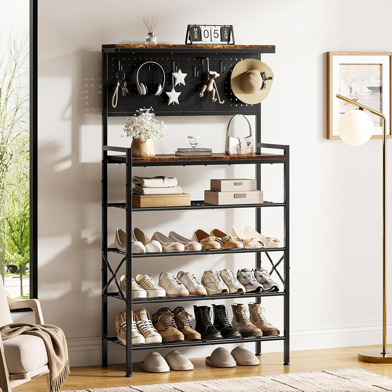 Grand étagère à chaussures, rangement pour chaussures en bois à 6 niveaux avec panneau de trous, 7 crochets, pour 16 à 20 paires