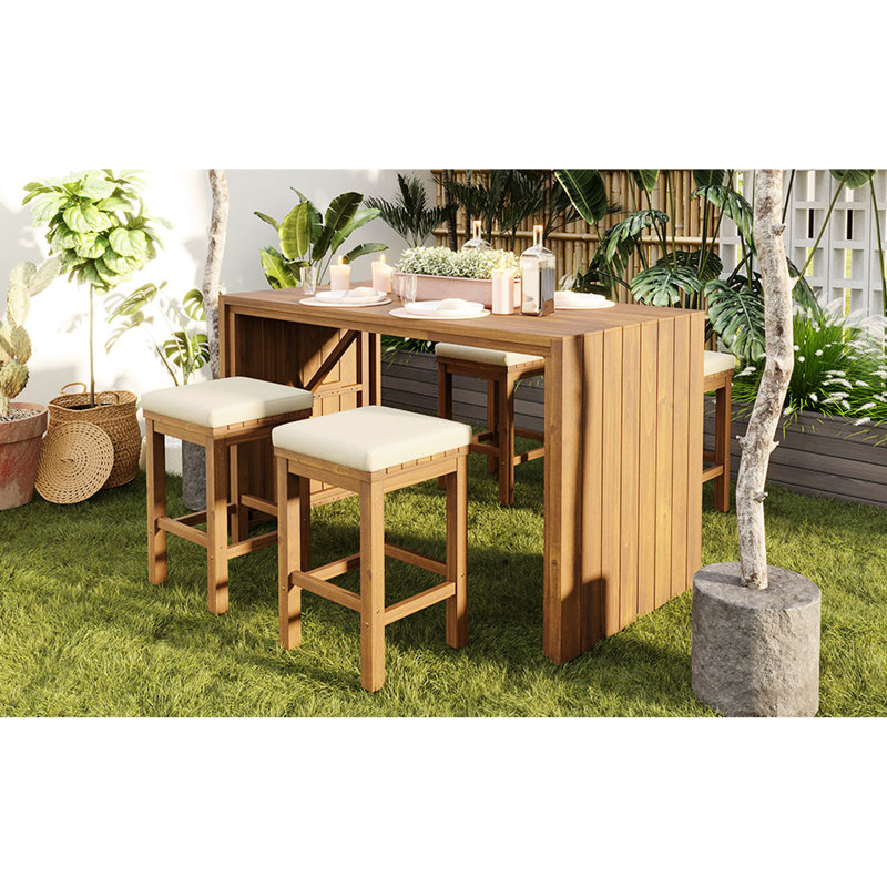 Bar de patio en bois 5 pièces avec quatre tabourets et coussins amovibles à haute densité, convenant à la détente au bord de la piscine, avec pieds réglables