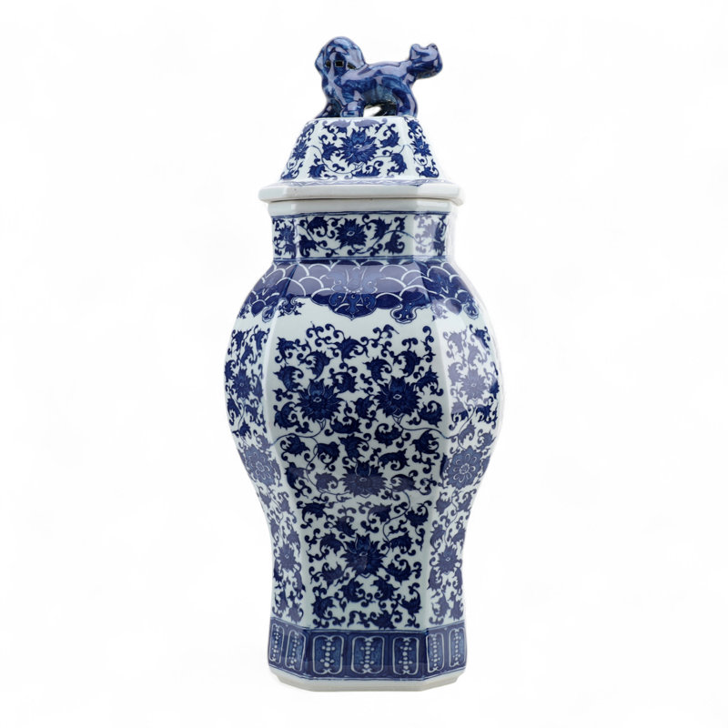 Blue and White Hexagonal Jar with Lid