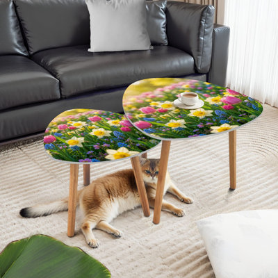 Triangle Nesting Coffee Table Set of 2 Vibrant Spring Garden Yellow Daffodils Pink Tulips Sunlight End Table Modern Minimalist Side Table Set for Living Room Bedroom
