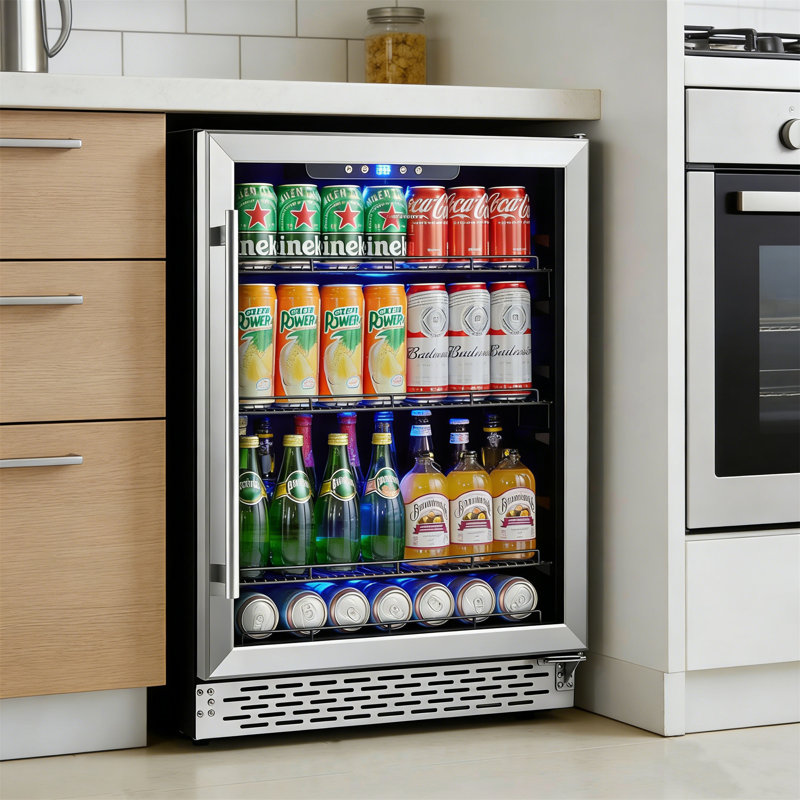 24 Inch Beverage Refrigerator, 170 Can Capacity Freestanding Drink Cooler With Tempered Glass Door, 5 Adjustable Shelves, Internal Led Lighting, Quiet Operation For Home Kitchen Office Bar