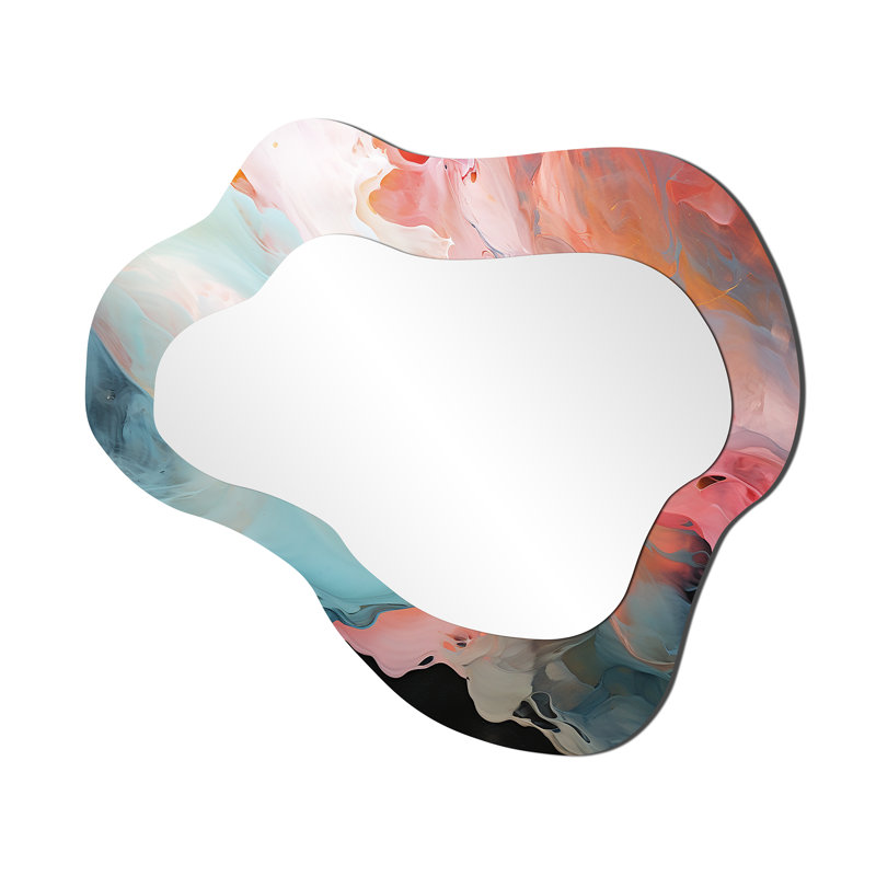 Playful  Deep Pink  Sky Dance II - Liquid Ink Cloud Large Wall Mirror, Blue Asymmetrical Decorative Mirror, Printed Metal Art