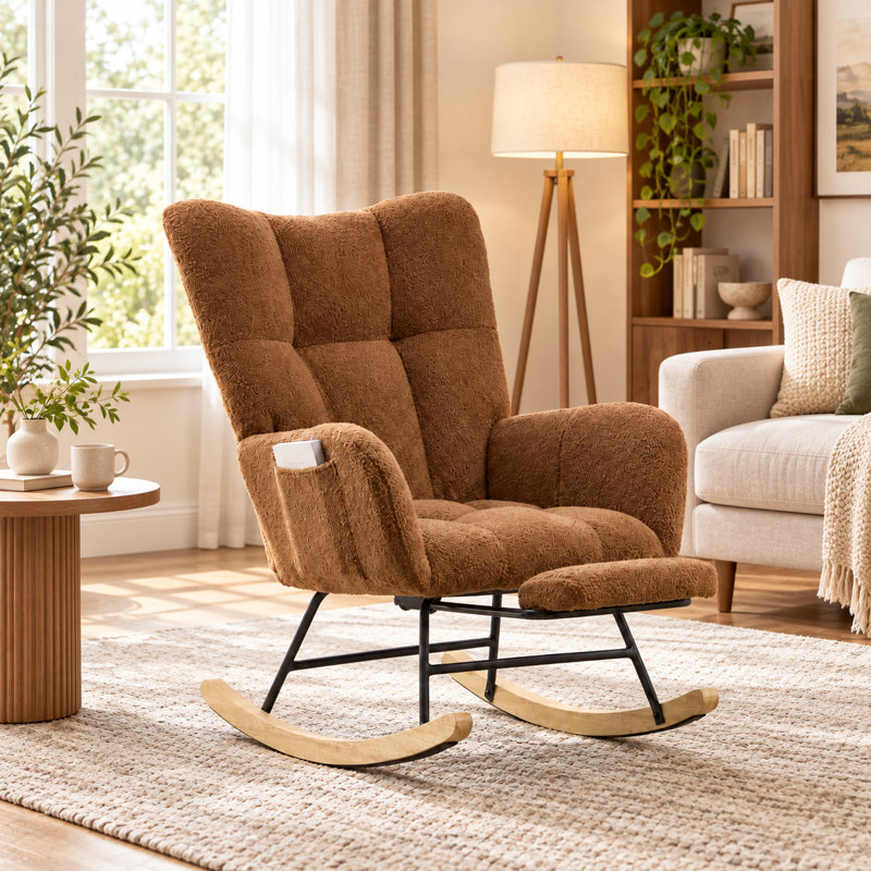 Fauteuil à bascule à oreilles brun avec repose-pieds, chaise haute en tissu Teddy avec poche latérale, base en bois massif