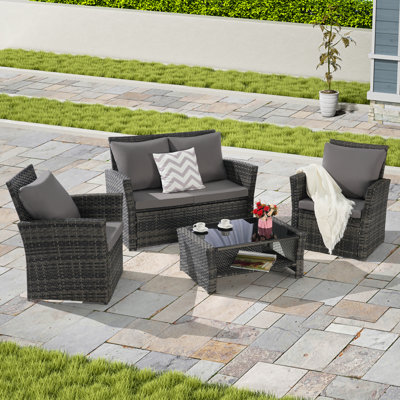 Ensemble de meubles de patio 4 pièces avec table basse en verre trempé