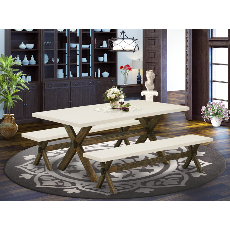 L'ensemble de table de salle à manger 3 pièces comprend une table de salle à manger rectangulaire avec pieds en X et 2 bancs de cuisine, finition jacobine patinée