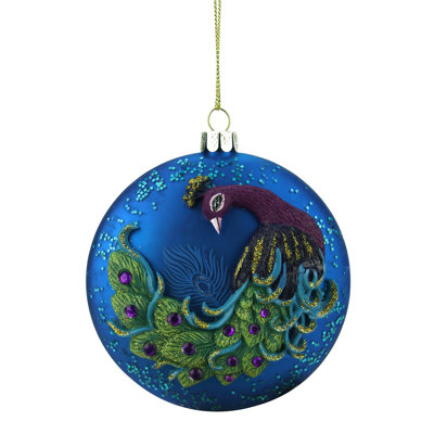 Ornement de Noël 4 po en forme de paon scintillant bleu et mauve