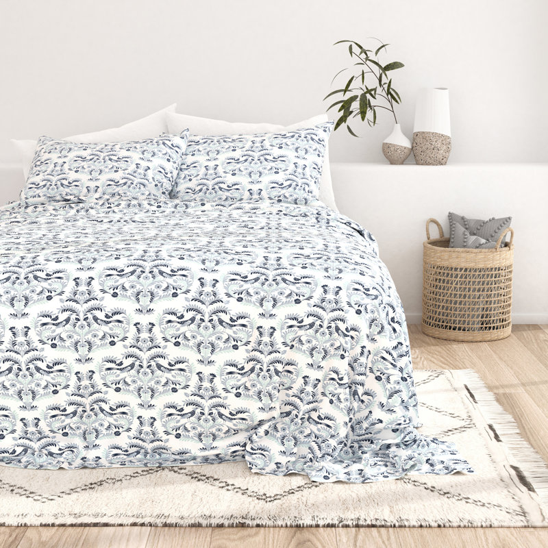 Navy Paisley Print Microfiber California King Sheet Set