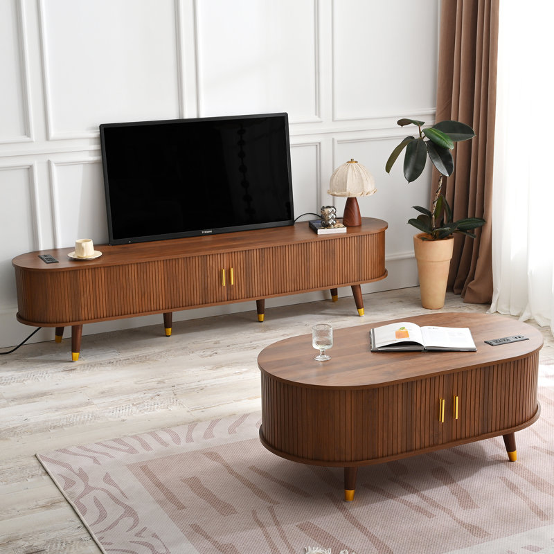 Ensemble de meuble télé et de table basse de style Mid-Century avec station de charge et porte tambour, Noyer
