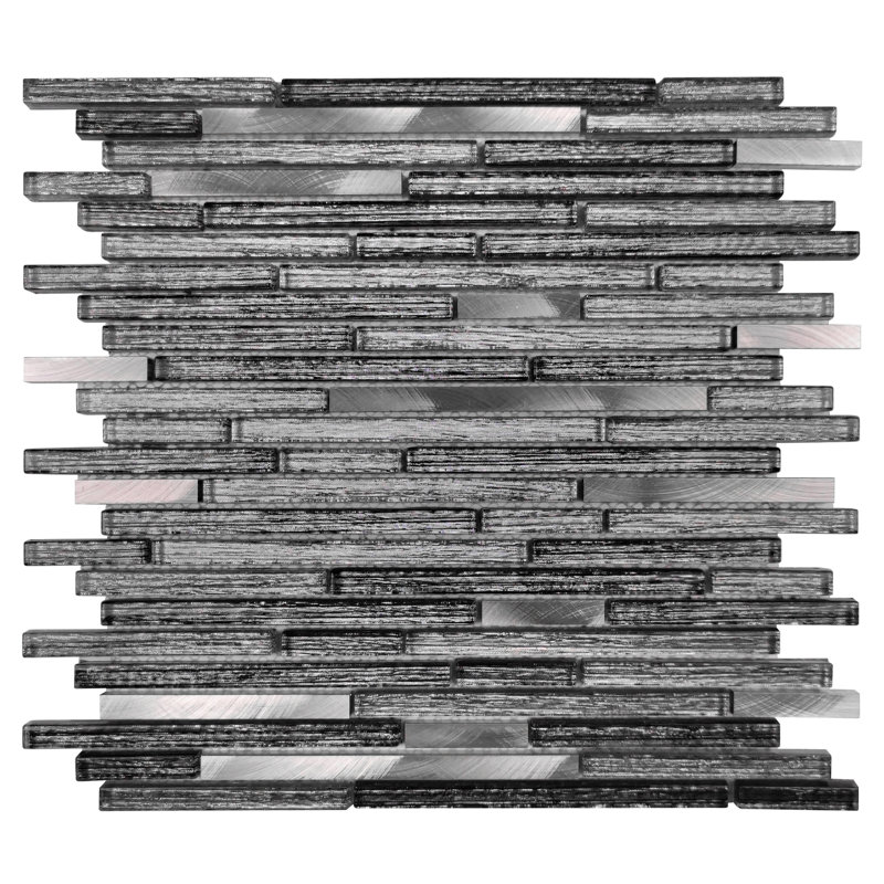 Gisa 12" x 12" Beveled Glass Linear Random Mosaic Wall Tile, Black/Silver