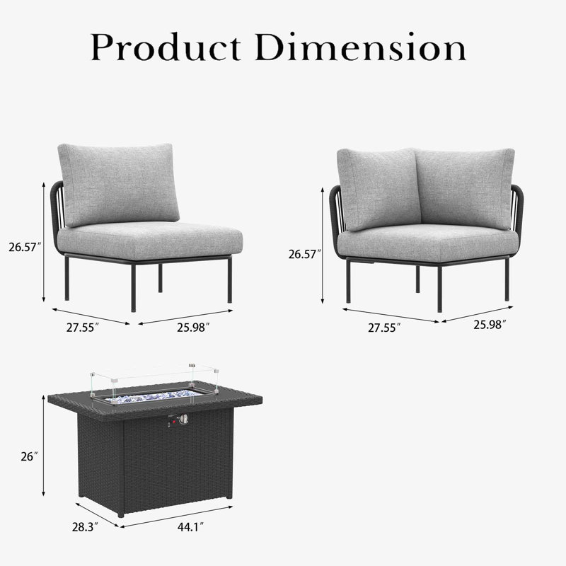 Ensemble modulaire d'extérieur en corde tissée 7 pièces avec table de foyer et coussins Layinsun, Gris clair