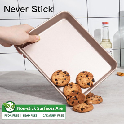 Toaster Oven Pan Nonstick Set of 2, Premium 1/8 Sheet Pan for Baking, Small Cookie Sheet Tray, Dishwasher Safe and Heavy Duty - Rose Gold
