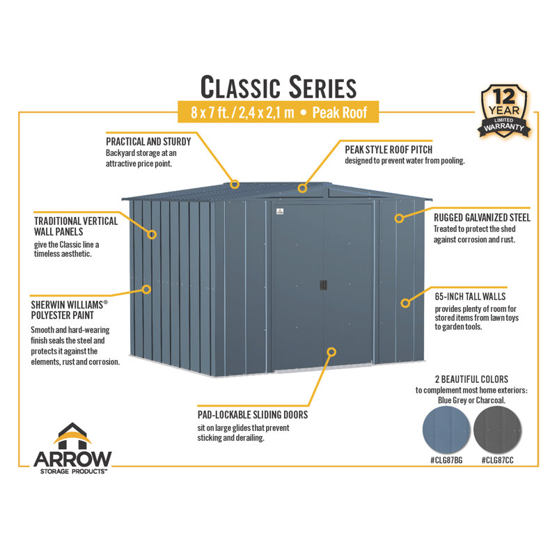  Arrow Classic Steel Storage Shed, Gray, 8 ft. W x 7 ft. D