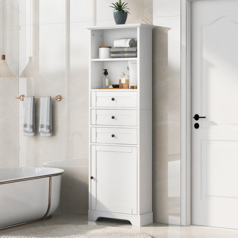 White Tall Bathroom Storage Cabinet with Adjustable Shelves and Drawers