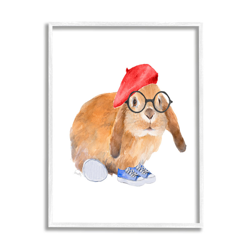 «Chic Bunny Rabbit Red Beret Hat» par Lanie Loreth - Peinture, Giclée encadrée blanc bord de mer, H 20 po x l 16 po