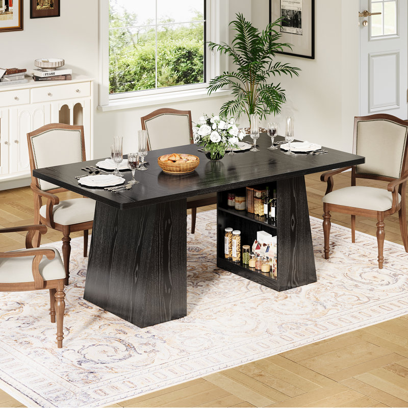 Table de salle à manger rectangulaire de 180 cm avec tablette de rangement, grande table de cuisine pour 4 à 8 personnes, pieds renforcés, noire