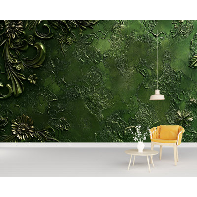 Elegant Green Ornamental Wallpaper – Luxurious Embossed Texture Mural With Botanical Scrollwork For Sophisticated Dining Room, Office Or Accent Wall Decor