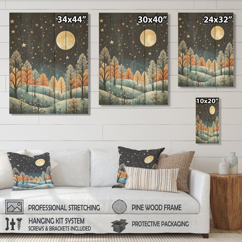 Hiver, pin, ciel étoilé II - pin sur bois, H 32 po x l 24 po